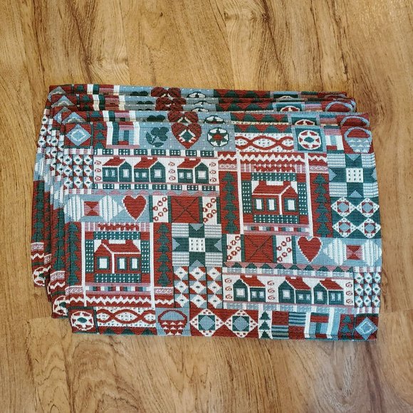 Tapestry Placemats, Set of 5, Red Green Quilt Folk Art - Picture 1 of 5